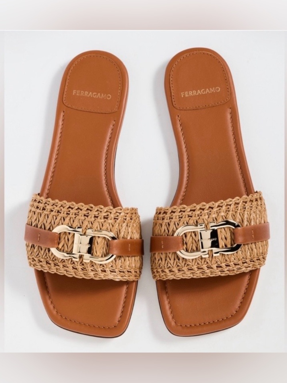 Salvatore Ferragamo Raffia & Leather Sandals w/gld. Lk new. 2 duster bags incld.